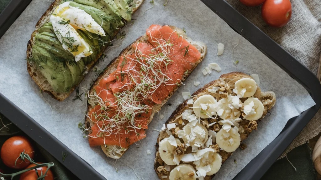 This image contains different kinds of bread, preferrably whole wheat, that has toppings of vegetarian in nature. Thus concludes that it represents the example of "meal prep vegetarian".