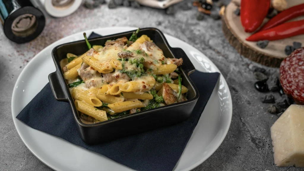 A pasta with heavy duty ingredients, fit for a representation of meal prep recipes for lunch.